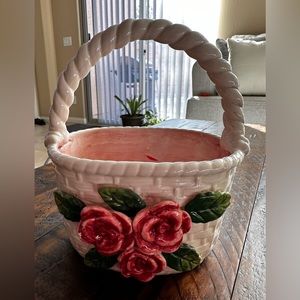 Bella Casa by Ganz Ceramic Rose Wicker Basket Glazed White & Pink